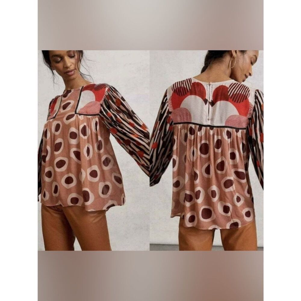 Anthropologie Blank London Mixed-Print Peasant Tunic in Blush and Red Accents